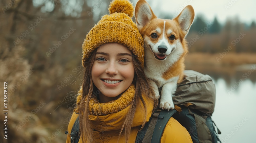 A woman is smiling and wearing a yellow hat while holding a dog on her back A woman is smiling and wearing a yellow hat while holding a dog on her back