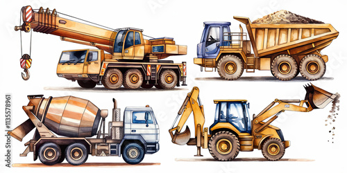 Watercolor Illustration of Construction Vehicles Crane Dump Truck Mixer Excavator