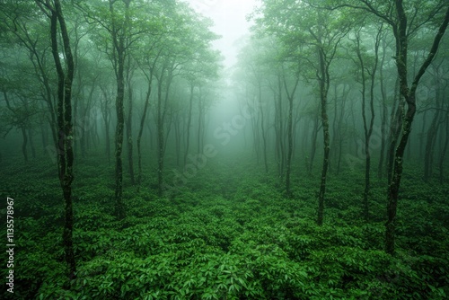 Mysterious forest path in the mist