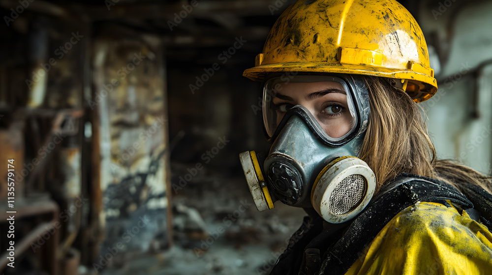 A woman adorned in a vibrant yellow helmet and protective gas mask stands confidently in a hazardous work environment. Her sturdy attire hints at the dangerous nature of her surroundings. A woman adorned in a vibrant yellow helmet and protective gas mask stands confidently in a hazardous work environment. Her sturdy attire hints at the dangerous nature of her surroundings.