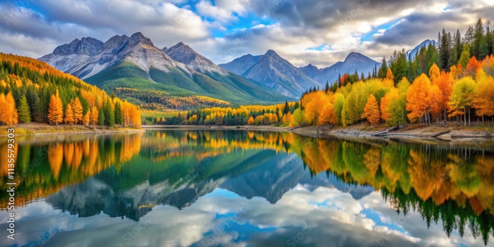 Obraz premium Vibrant autumn foliage reflecting off calm lake in Kananaskis Country Alberta Canada, autumn, Kananaskis Country, Alberta