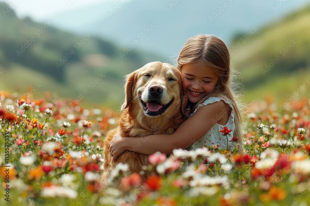 A young girl is hugging a golden retriever in a field of flowers A young girl is hugging a golden retriever in a field of flowers