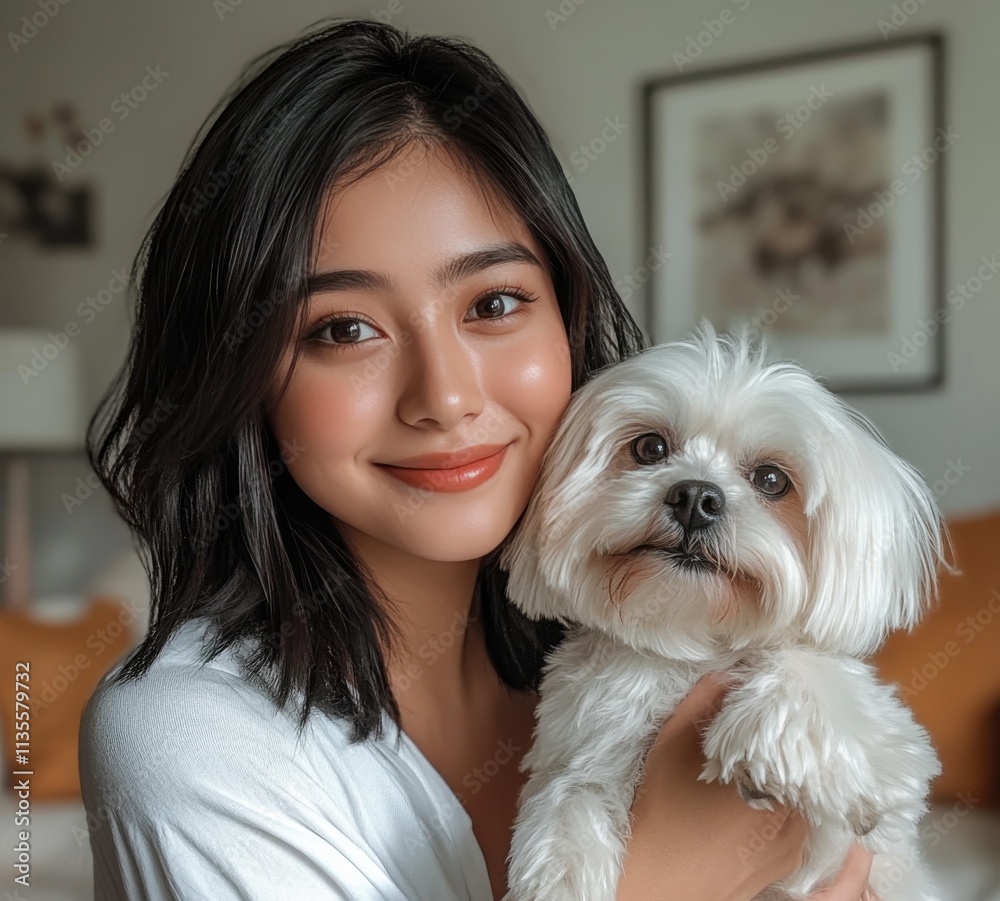 A woman is sitting on a couch with a small white dog in her lap A woman is sitting on a couch with a small white dog in her lap