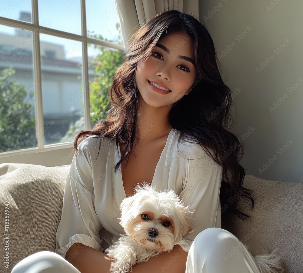 A woman is sitting on a couch with a small white dog in her lap A woman is sitting on a couch with a small white dog in her lap