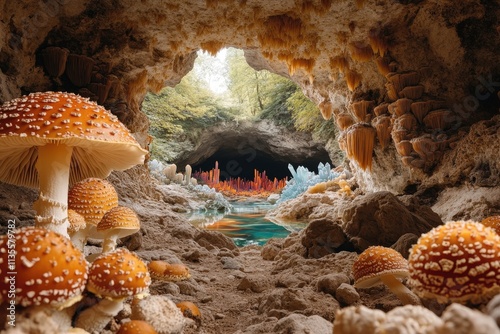 Enigmatic Cave Entrance Surrounded by Luminescent Fungi and Vibrant Natural Elements photo