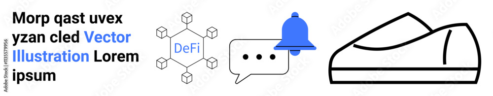 Blockchain nodes, blue notification bell, chat bubble with ellipsis, minimalist shoe outline. Ideal for illustrating digital currency, alerts, communication, tech innovation, fashion, notifications