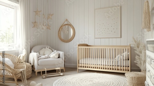 Serene Nursery Interior Design:  A Peaceful and Elegant Baby Room with Natural Tones