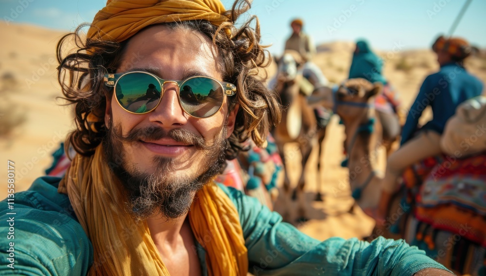 A man with a beard and sunglasses is smiling in front of a camel A man with a beard and sunglasses is smiling in front of a camel