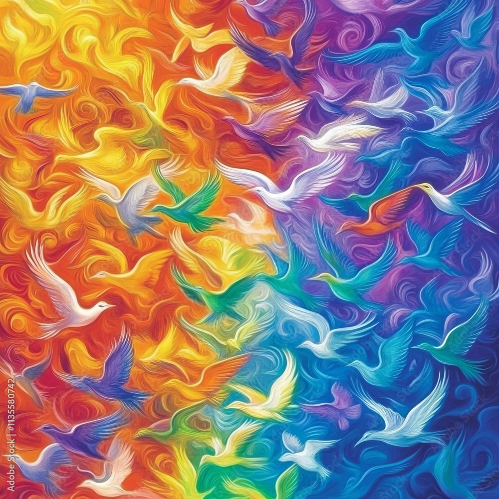 Fototapeta premium Abstract colorful birds in flight, vibrant swirling patterns, dynamic artwork.