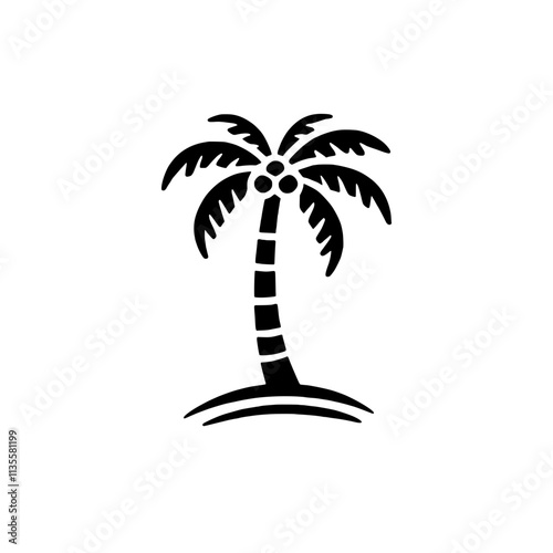 Tropical Paradise: A stylized black and white illustration of a coconut palm tree on a small island, perfect for evoking feelings of relaxation, escape, and summer vacation. 