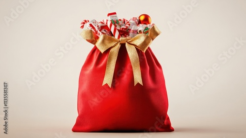 A vibrant red Santa sack with golden trim and a large bow, filled with candy canes and toys, isolated on transparent background