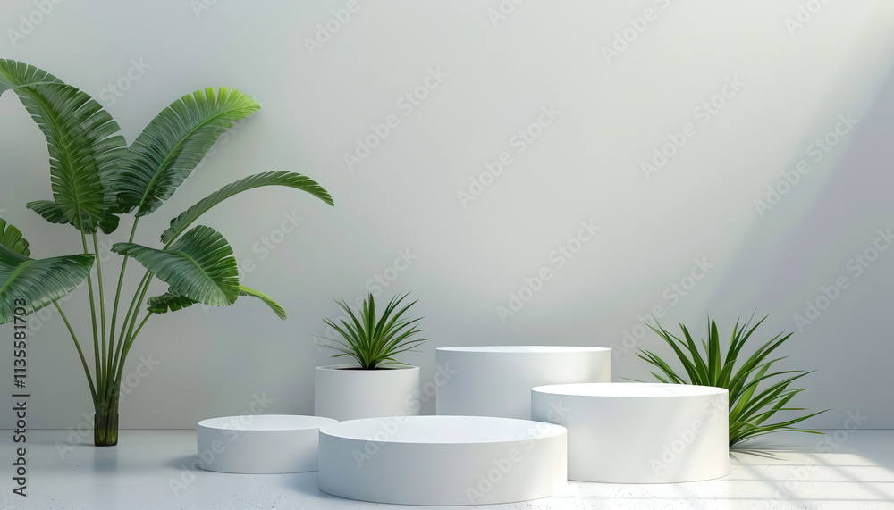 White Cylindrical Platforms with Potted Plants against Light Grey Wall White Cylindrical Platforms with Potted Plants against Light Grey Wall