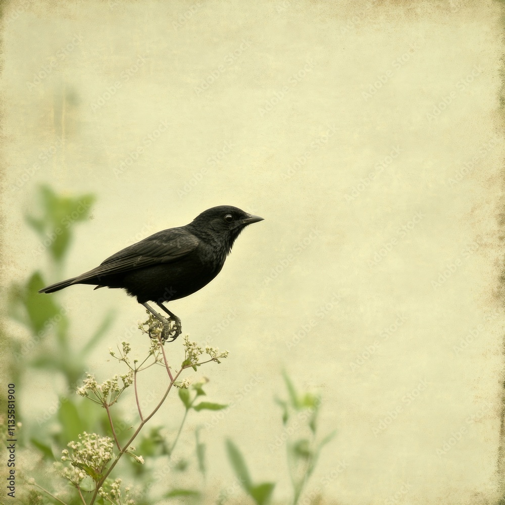 Obraz premium Black bird perched on small plant against textured background.