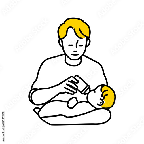育児をする男性のイラスト赤ちゃんにミルクをあげている。育児休業中の男性。