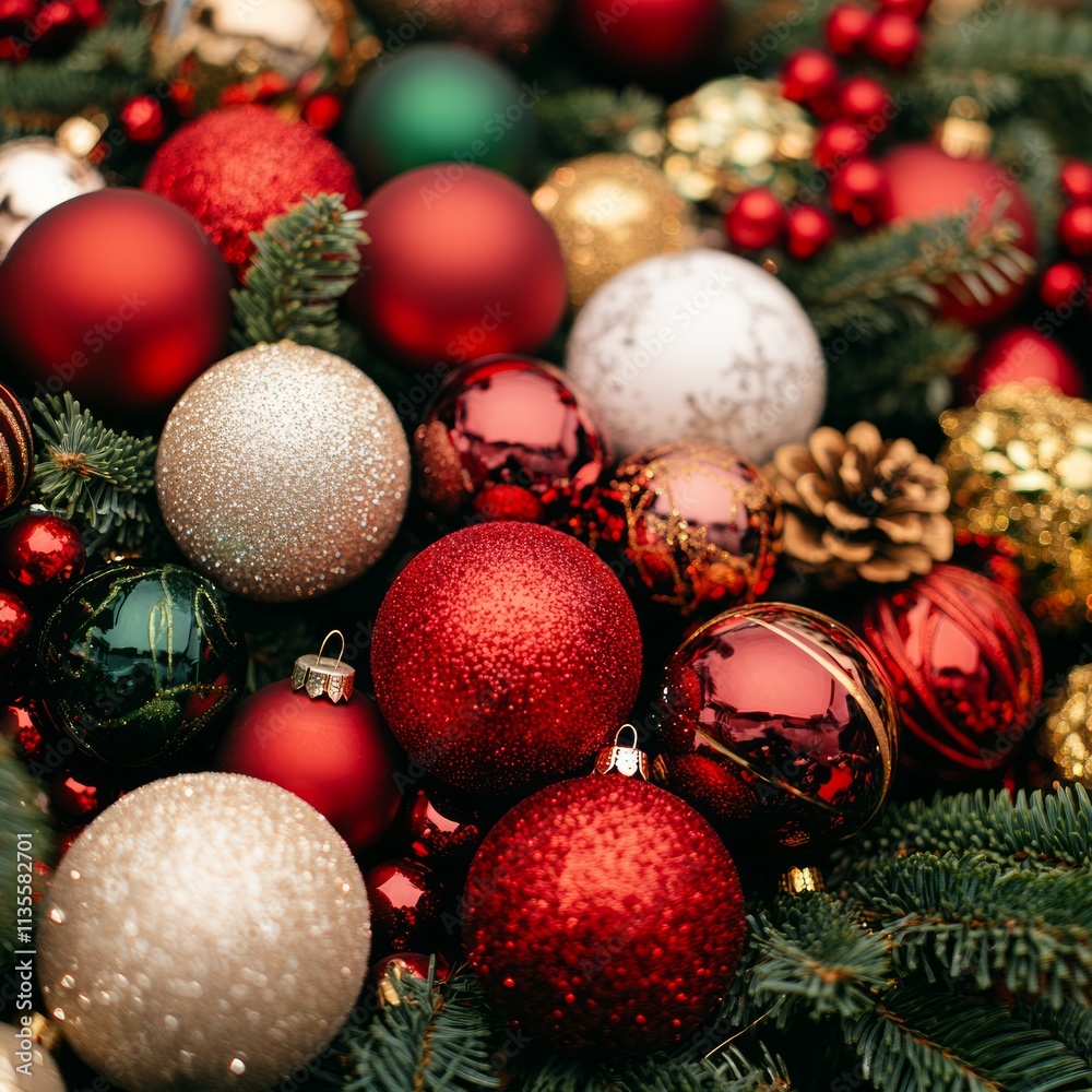 Close-up of assorted red, gold, green and white Christmas ornaments nestled in evergreen branches. Close-up of assorted red, gold, green and white Christmas ornaments nestled in evergreen branches.