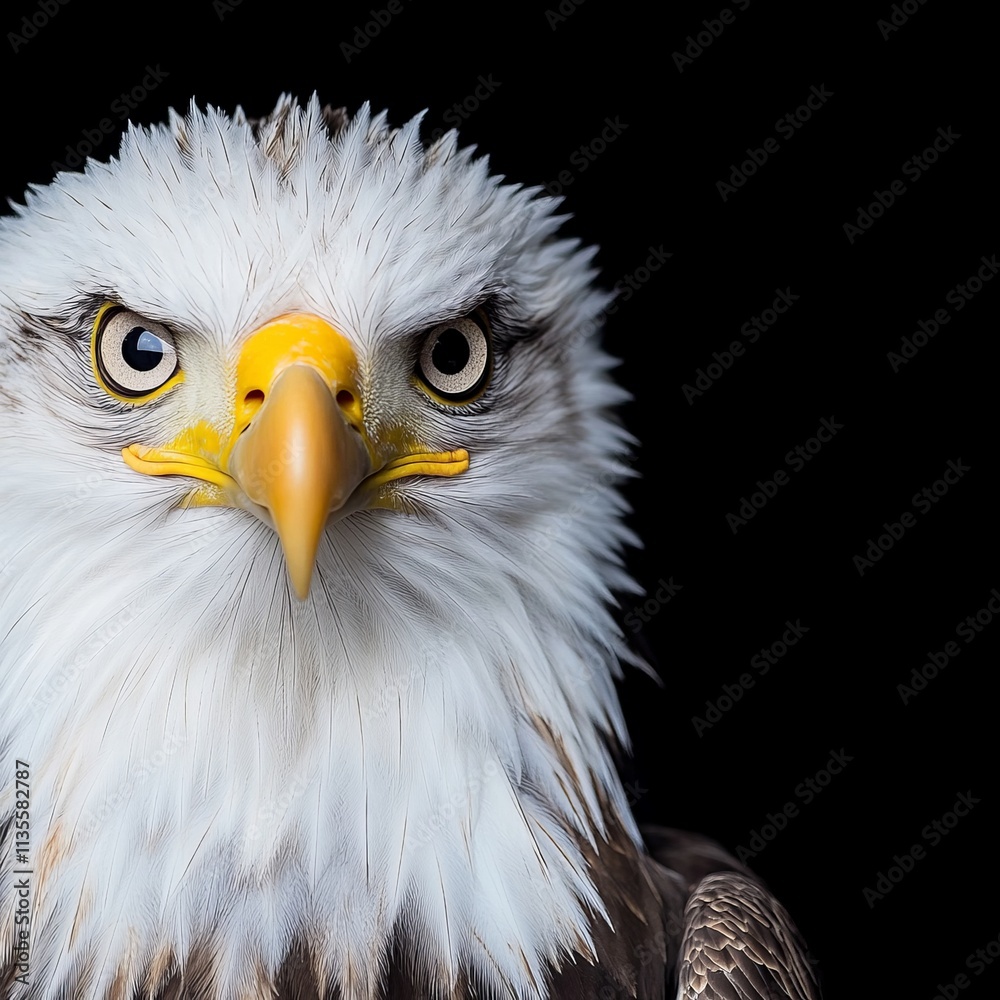 Close-up portrait of a bald eagle against a black background. Close-up portrait of a bald eagle against a black background.