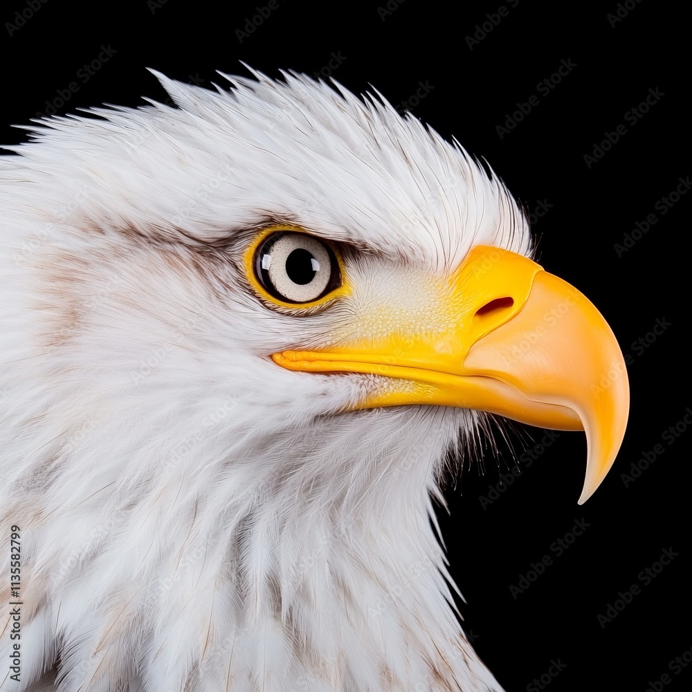 Close-up portrait of a bald eagle's head against a black background. Close-up portrait of a bald eagle's head against a black background.
