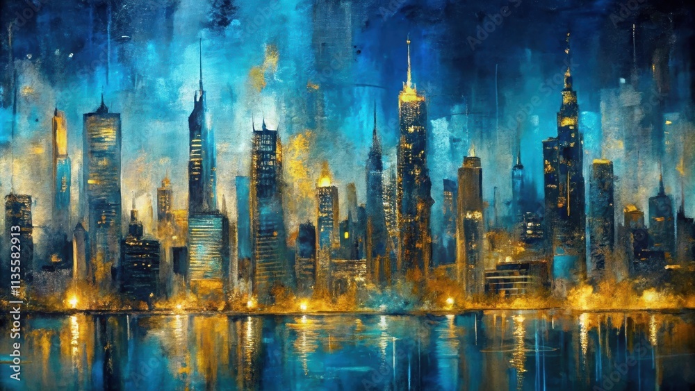 Fototapeta premium Blue and gold abstract painting of a cityscape at night, cityscape, abstract, painting, blue, gold, city, night, skyline