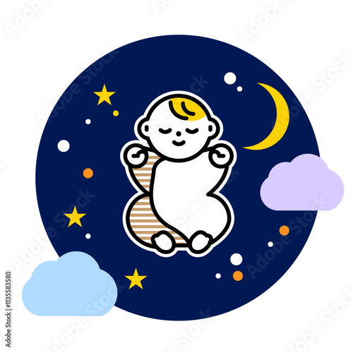 夜眠る赤ちゃんのイラスト。新生児