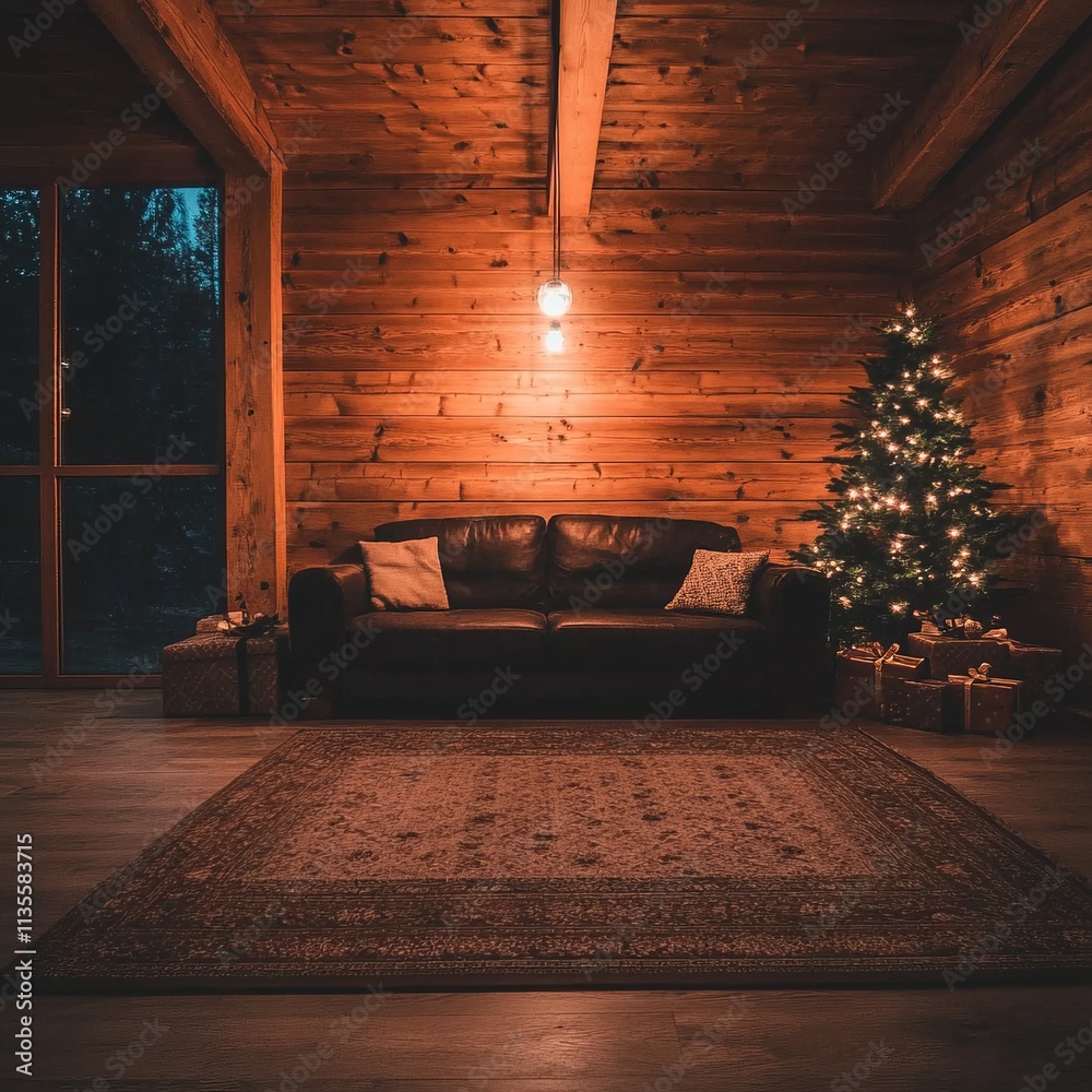 Fototapeta premium Cozy living room with Christmas tree, gifts, leather sofa, and wooden walls at night.