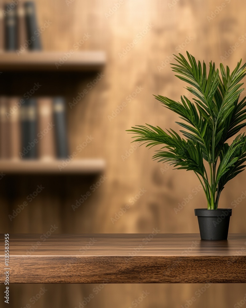 Potted plant on wooden table with blurred bookshelf background Potted plant on wooden table with blurred bookshelf background