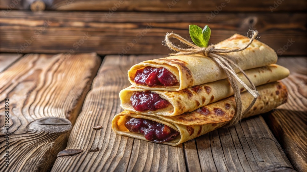Wrapped pancakes with jam served on a rustic wooden table, pancakes, wrapped, jam, wooden table, breakfast, food, delicious, sweet Wrapped pancakes with jam served on a rustic wooden table, pancakes, wrapped, jam, wooden table, breakfast, food, delicious, sweet