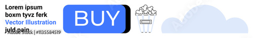 Blue BUY button, popcorn illustration, cloud graphic, and placeholder text. Ideal for e-commerce, online shopping, streaming services, digital purchases, web buttons, calls to action, website