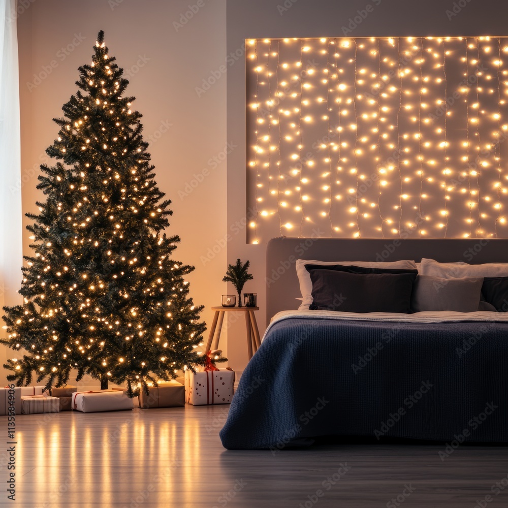 Festive bedroom with Christmas tree, gifts, and fairy lights. Festive bedroom with Christmas tree, gifts, and fairy lights.