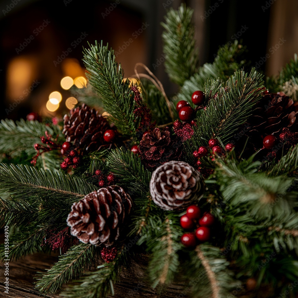 Festive Christmas centerpiece with pine cones, berries, and fir branches on a wooden surface.