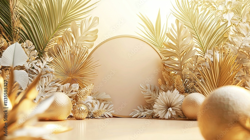 Beige background with gold and white tropical leaves, flowers, and decorative spheres surrounding a blank circular frame. Beige background with gold and white tropical leaves, flowers, and decorative spheres surrounding a blank circular frame.