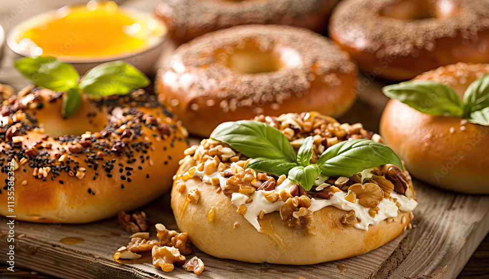 Bagels with Various Toppings and Honey Bagels with Various Toppings and Honey