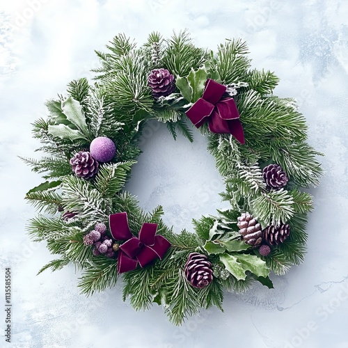 Festive winter wreath with pine, berries, and velvet bows.