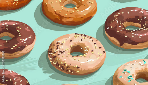 Six Glazed Donuts with Various Seed and Sprinkle Toppings