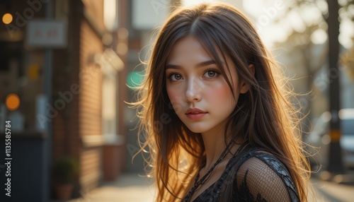 Young Woman with Long Brown Hair Posing Outdoors photo