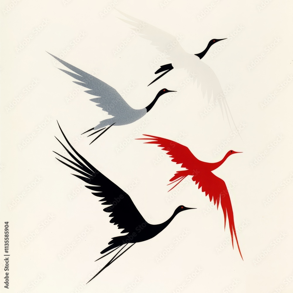 Obraz premium Four stylized cranes in flight, red, black, grey, white.