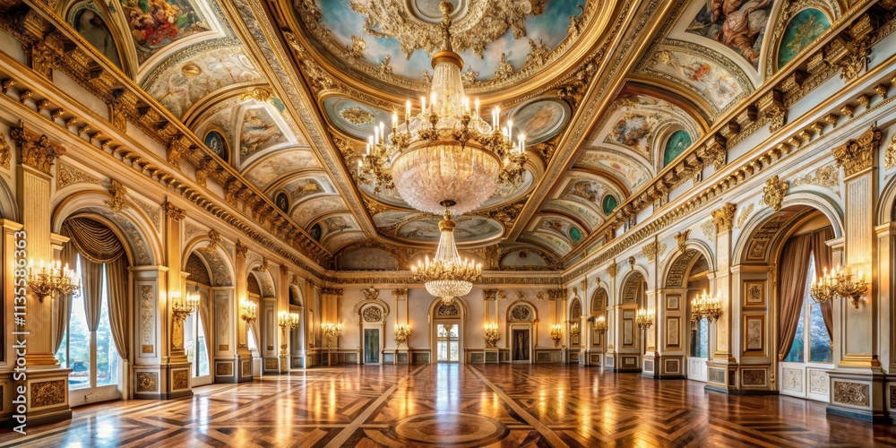 Naklejka premium Opulent ballroom interior with elegant chandeliers and intricate ceiling frescoes , Queluz National Palace, Portugal