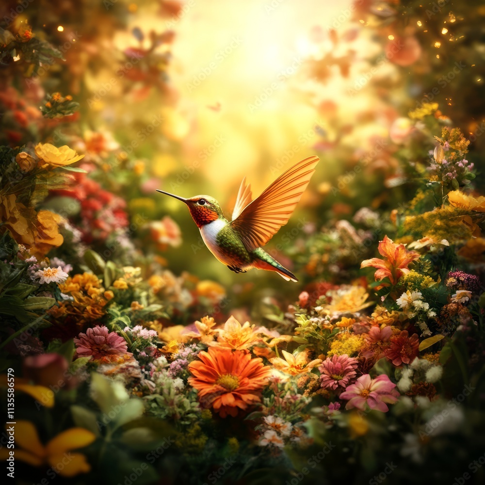 Naklejka premium Hummingbird in vibrant floral garden, sunlight.