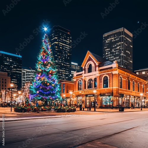 Illuminated Christmas tree in city square at night.