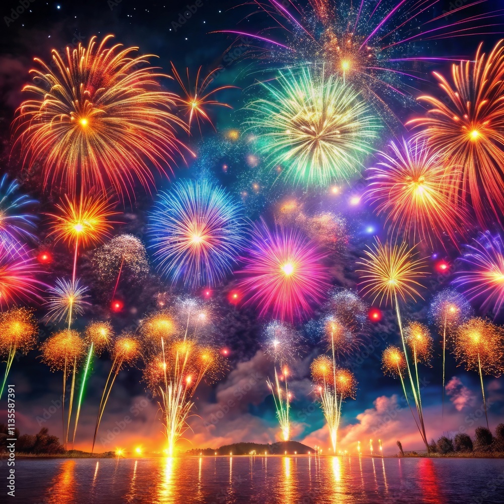 Fototapeta premium Fireworks are lit up in the night sky over a lake generative ai