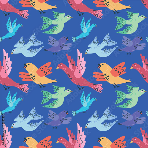 Seamless pattern featuring handdrawn cute colorful birds