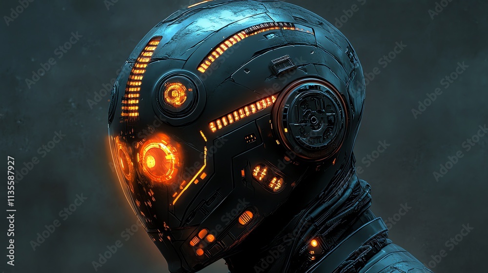 A futuristic robotic head with glowing orange lights and intricate mechanical details. A futuristic robotic head with glowing orange lights and intricate mechanical details.