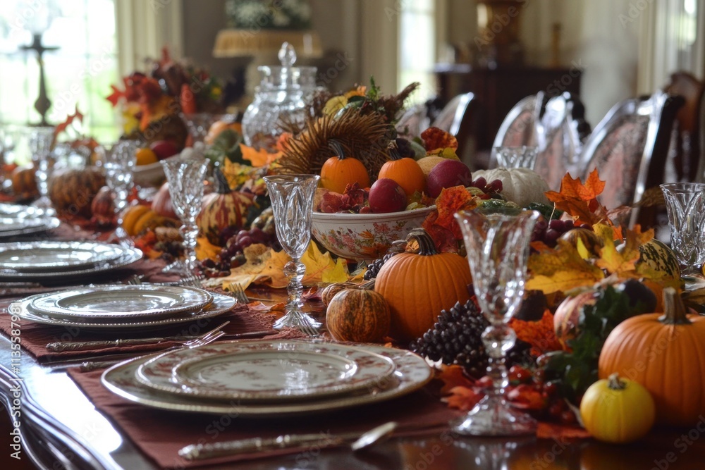 Autumnal Thanksgiving table setting with pumpkins, gourds, fruit, and crystal glassware. Autumnal Thanksgiving table setting with pumpkins, gourds, fruit, and crystal glassware.