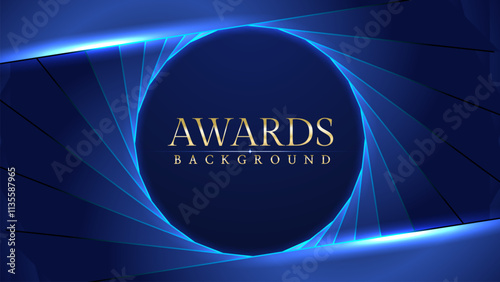 Dark blue luxury awards graphics background with light neon elegant shine spotlight effects. Premium corporate abstract design template. Banner certificate dynamic shape.
