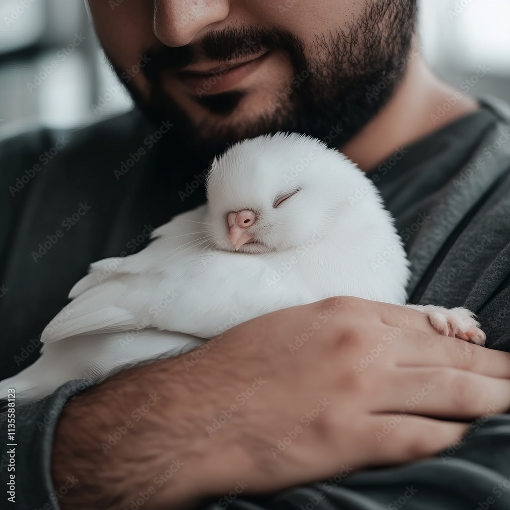 Man gently cradles a sleeping white bird. Man gently cradles a sleeping white bird.