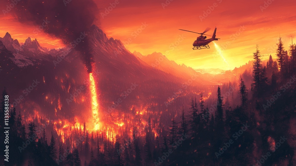 Helicopter fighting wildfire mountain region digital artwork fiery environment aerial viewpoint nature crisis Helicopter fighting wildfire mountain region digital artwork fiery environment aerial viewpoint nature crisis