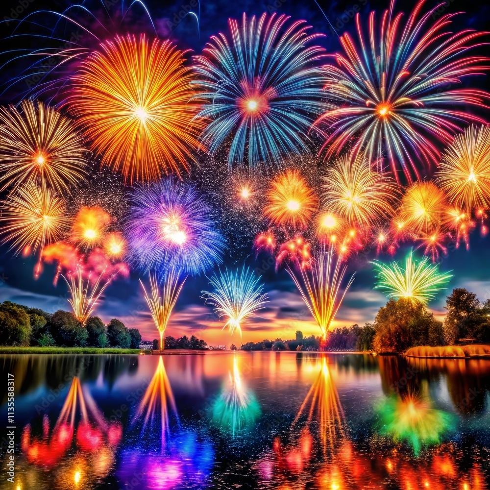 Fireworks are lit up in the night sky over a lake generative ai Fireworks are lit up in the night sky over a lake generative ai
