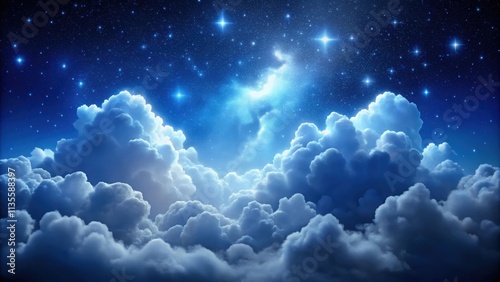 Fluffy volumetric clouds against a dark blue sky with stars , clouds, night, sky, stars, background, fluffy, volumetric