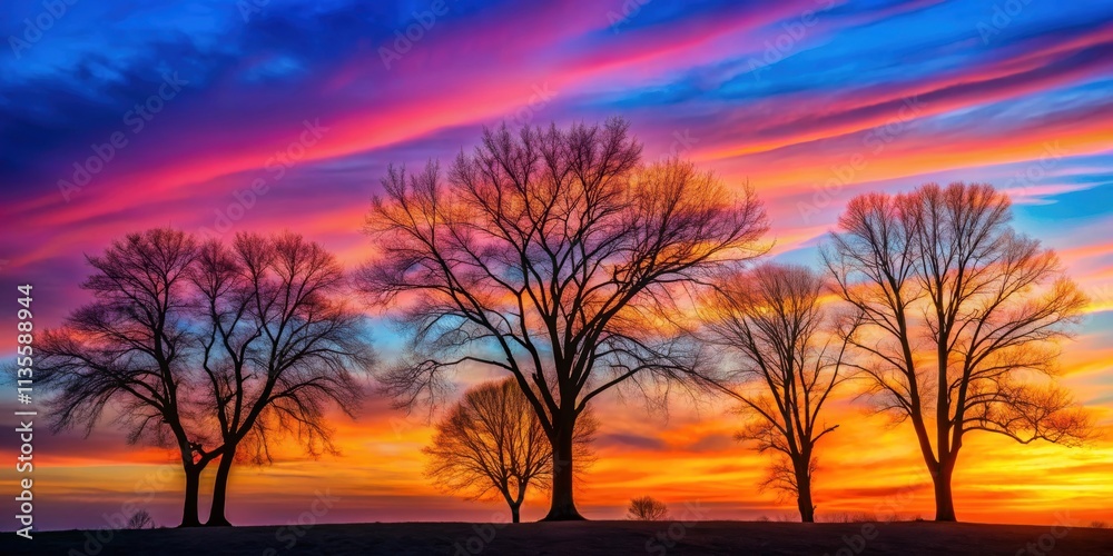 Silhouettes of bare trees against a colorful sky, nature, landscape, winter, branches, outline, dusk, twilight Silhouettes of bare trees against a colorful sky, nature, landscape, winter, branches, outline, dusk, twilight