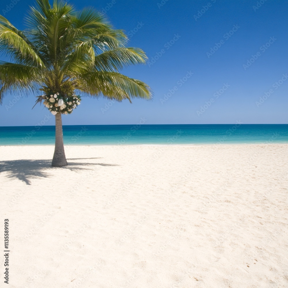 Palm tree adorned with flowers on a pristine beach under a clear blue sky. Palm tree adorned with flowers on a pristine beach under a clear blue sky.