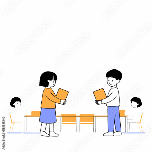 Children exchanging books in a classroom setting, cheerful mood, educational activity